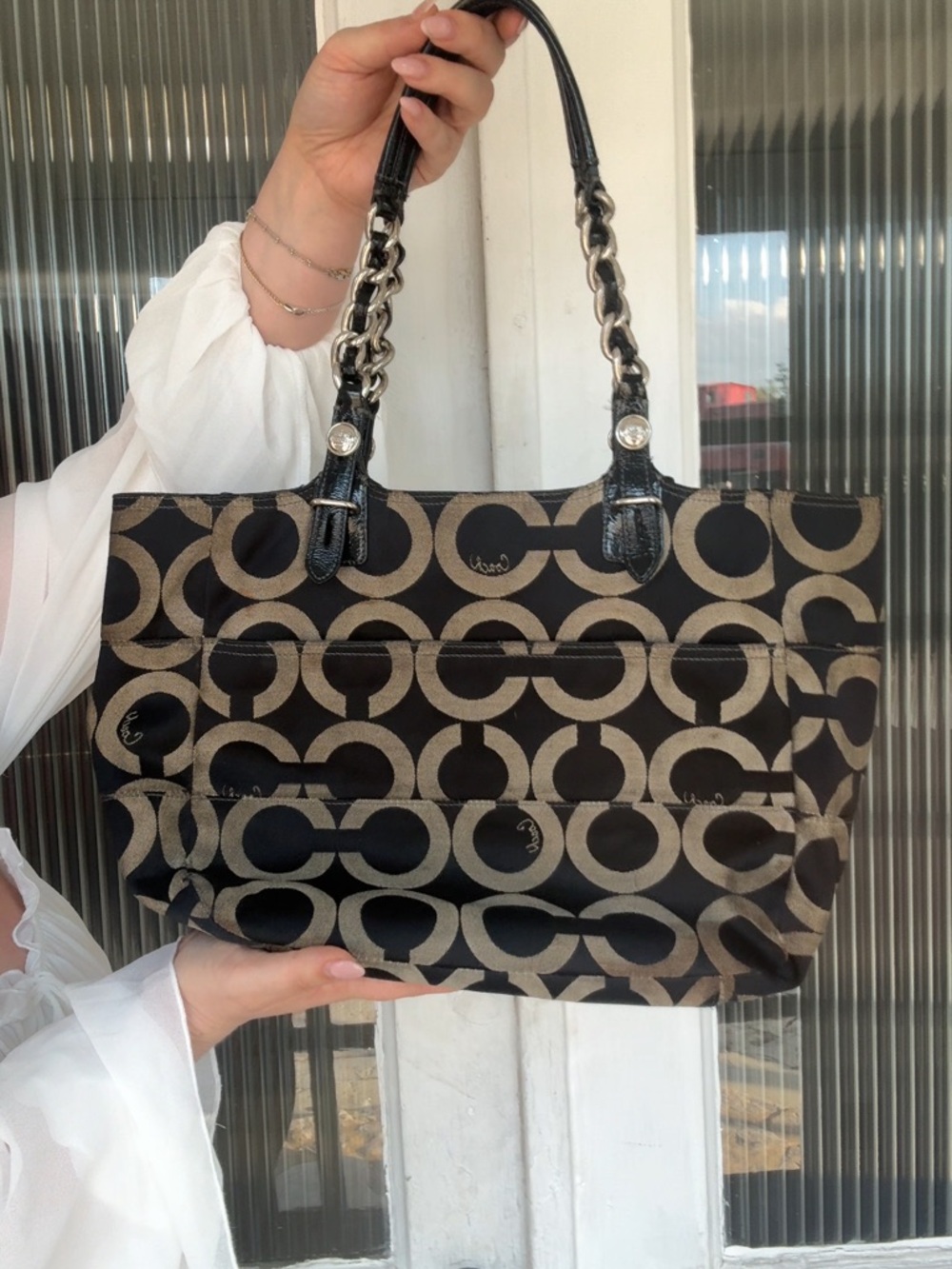 SOLD ON OTHER PLATFORM Coach Brown and Black Signature Canvas Tote with Chain-De